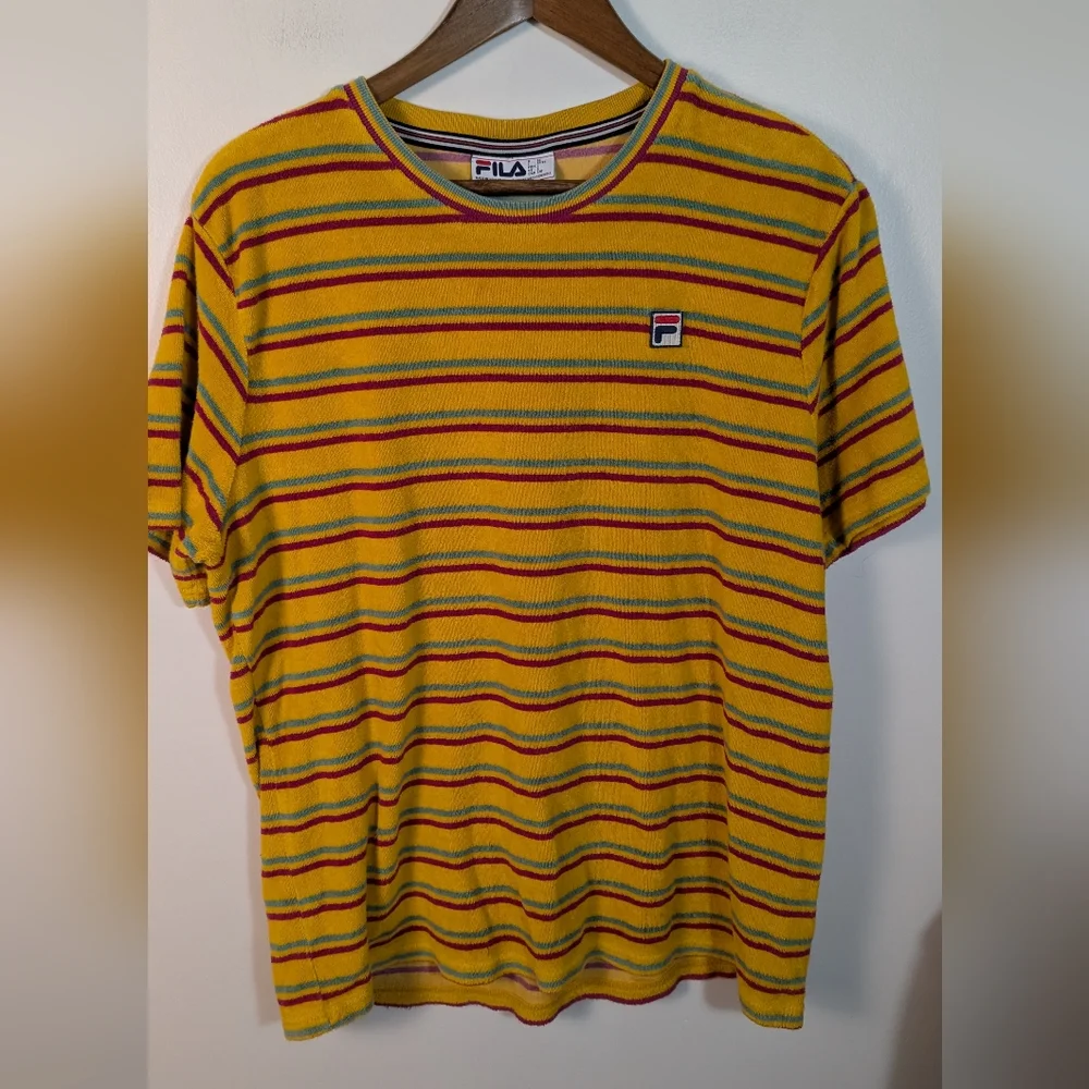 Fila UO Men's Retro Yellow Stripe Cotton Terry Cloth Tee Shirt - Picture 8 of 8